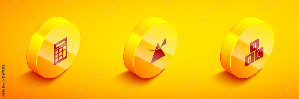 Set Isometric Calculator, Light rays in prism and ABC blocks icon. Vector