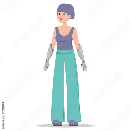 Woman with prosthetic arms vector isolated. Bionic limbs, amputee female person. Concept of people with disability. Happy beautiful woman standing.
