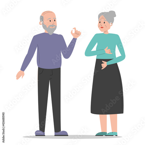 Deaf people talking using sign language vector isolated. Senior characters with disability, hear loss. Old woman and man talking.