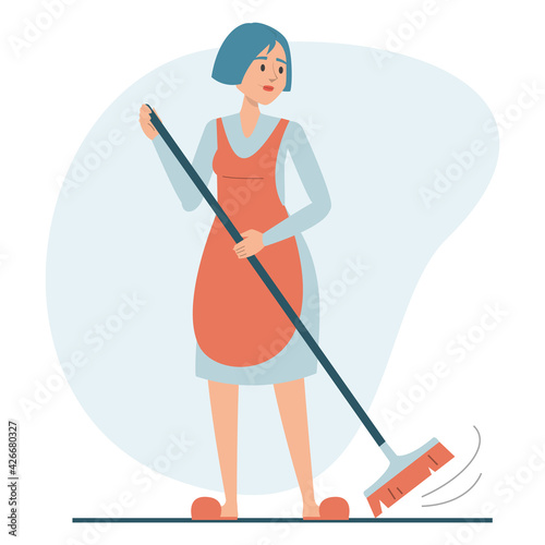 Woman sweeping the floor using broom vector isolated. Idea of housework, housewife cleaning the room. Everyday routine.