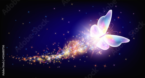 Flying delightful butterfly with sparkle and blazing trail flying in night sky among shiny glowing stars in cosmic space. Animal protection day concept.