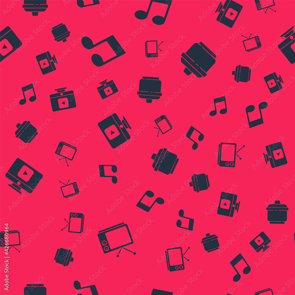 Set Retro tv, Music note, tone, Online play video and Cooking pot on seamless pattern. Vector