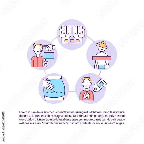 Migrant workers abuse concept line icons with text. PPT page vector template with copy space. Brochure, magazine, newsletter design element. Harassment, forced labour linear illustrations on white