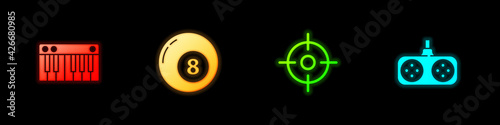 Set Music synthesizer, Billiard pool snooker ball, Target sport and Gamepad icon. Vector