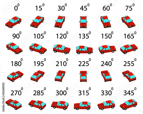 A set of 24 compact family car from different angles. Rotation of the red compact car by 15 degrees for animation and video games.  
