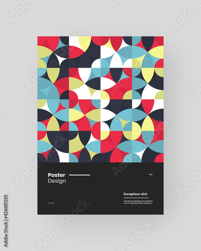 Abstract Placard, Poster, Flyer, Banner Design. Colorful geometric illustration on vertical A4 format. Flat shapes ornament. Decorative backdrop. Eps10