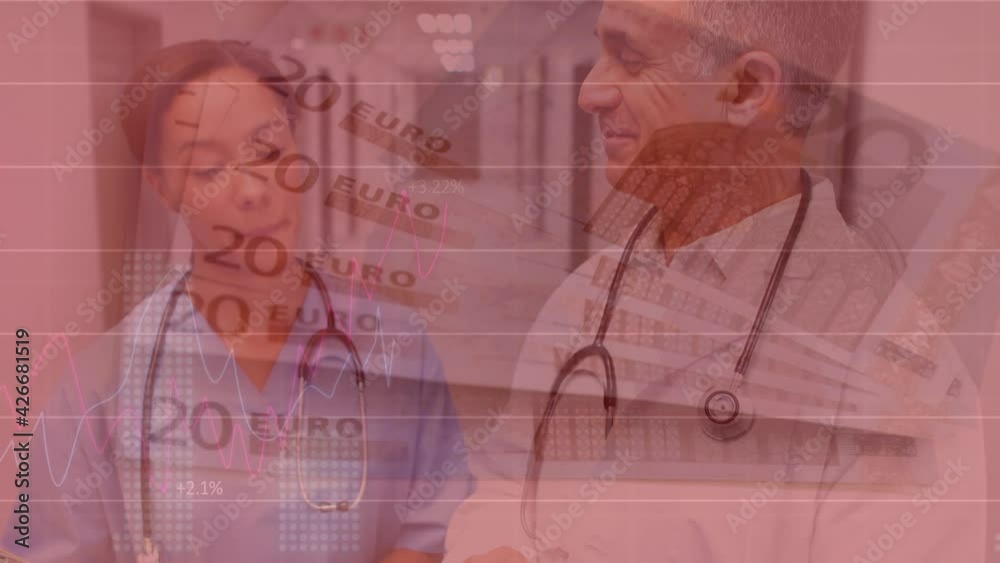 Animation of financial data processing over male and female doctors and euro currency bills Animation of financial data processing over male and female doctors and euro currency bills