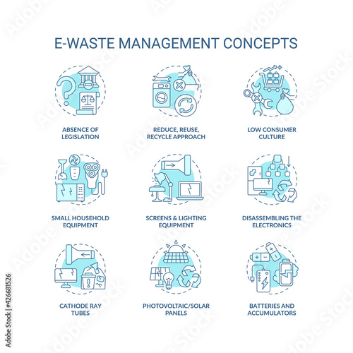 E-waste management concept icons set. Consumer culture idea thin line RGB color illustrations. Disassembling electronics. Batteries and accumulators. Vector isolated outline drawings. Editable stroke