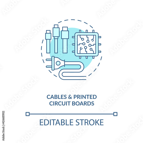 Cables and printed circuit boards concept icon. E-waste component idea thin line illustration. Metal scraps. Hazardous, toxic components. Vector isolated outline RGB color drawing. Editable stroke