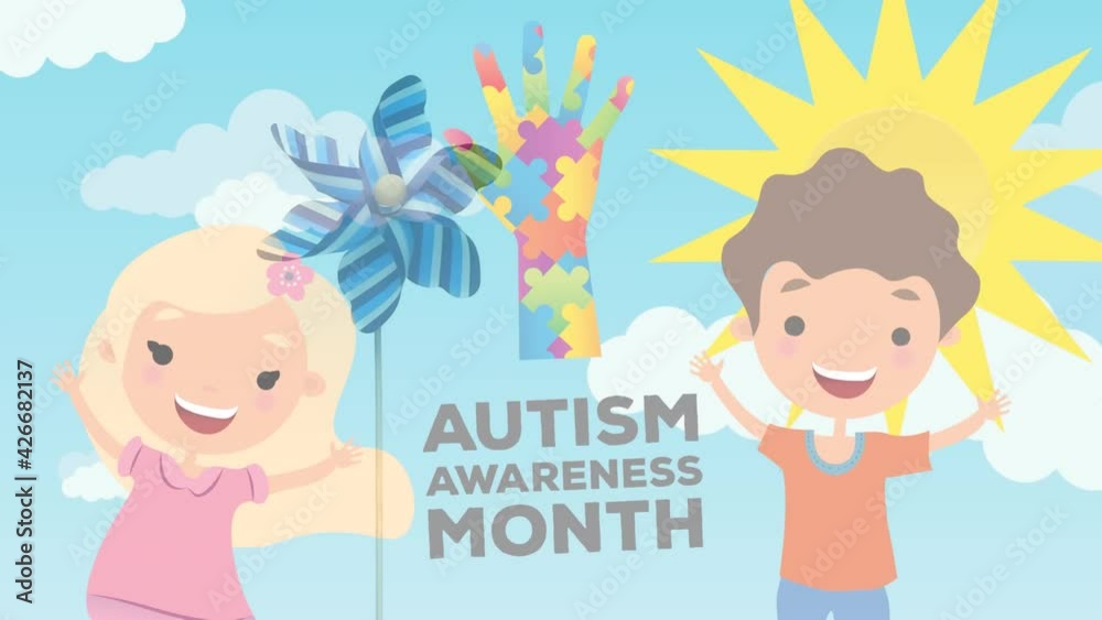 Animation of autism awareness month text with happy boy and girl and puzzles forming hand Animation of autism awareness month text with happy boy and girl and puzzles forming hand