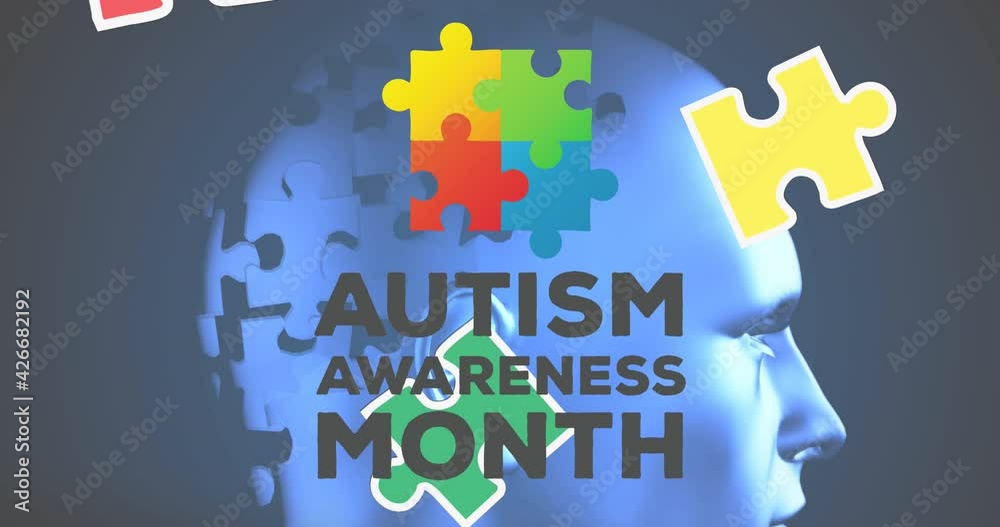 Animation of autism awareness month text over blue head formed with puzzles Animation of autism awareness month text over blue head formed with puzzles