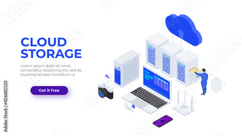 Isometric cloud technologies design concept with character. Vector illustration. Landing page template for web