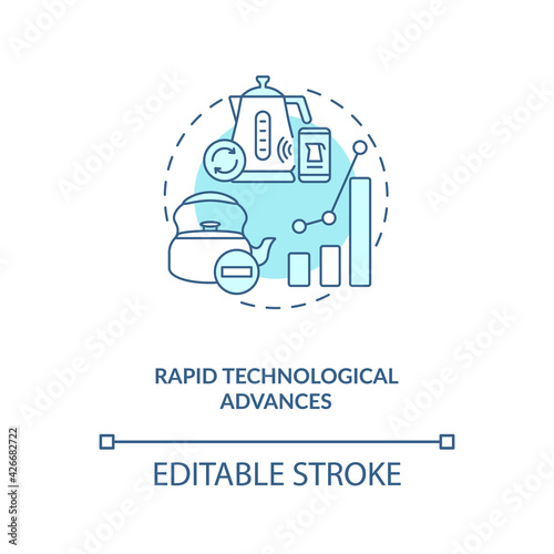 Rapid technological advances concept icon. E-waste manage challenge idea thin line illustration. Technology innovation. Hazardous substances. Vector isolated outline RGB color drawing. Editable stroke