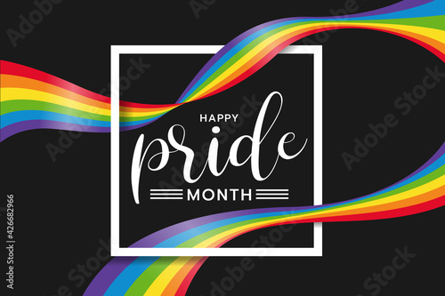Happy pride month text word in white Square frame and rainbow flag wave around on black background vector design