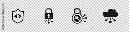 Set Shield and eye, Cyber security, and Internet of things icon. Vector