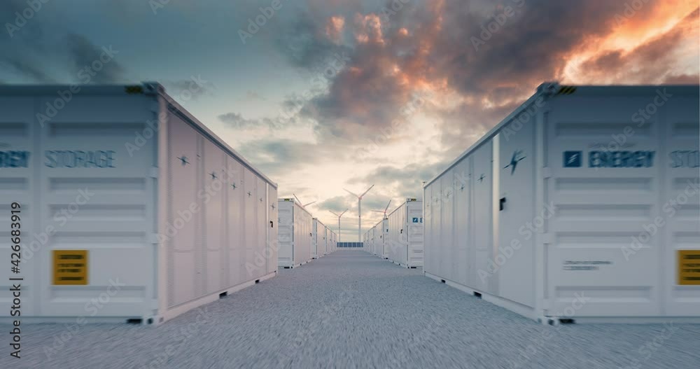 Battery storage power station 
accompanied by solar and wind  turbine power plants. 3d rendering clip