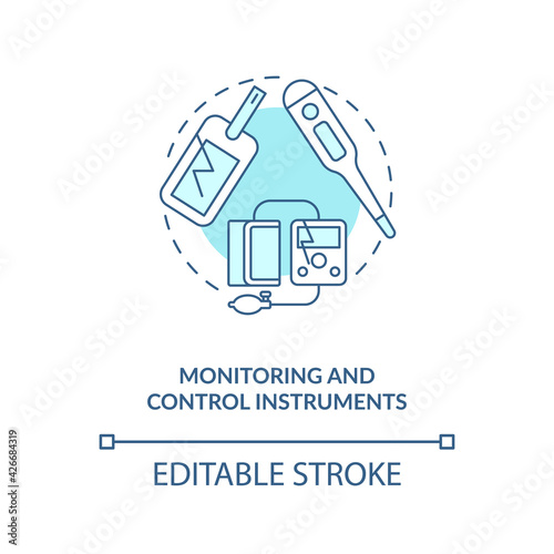 Monitoring and control instruments concept icon. E-waste category idea thin line illustration. Heating regulators. Surveillance cameras. Vector isolated outline RGB color drawing. Editable stroke