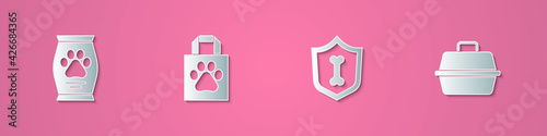 Set paper cut Bag of food, Shopping bag pet, Animal health insurance and Pet carry case icon. Paper art style. Vector