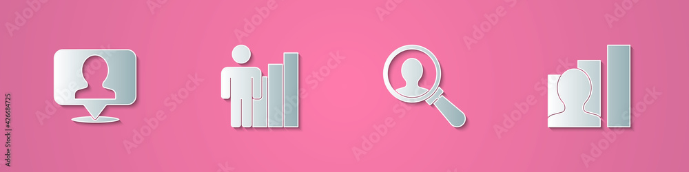 Set paper cut Location with person, Productive human, Magnifying glass for search and icon. Paper art style. Vector Set paper cut Location with person, Productive human, Magnifying glass for search and icon. Paper art style. Vector
