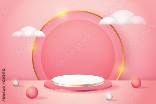 3d product display pink and white podium with circles and white clouds