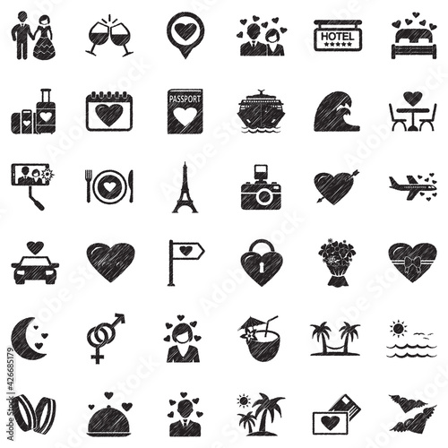 Honeymoon Icons. Black Scribble Design. Vector Illustration.