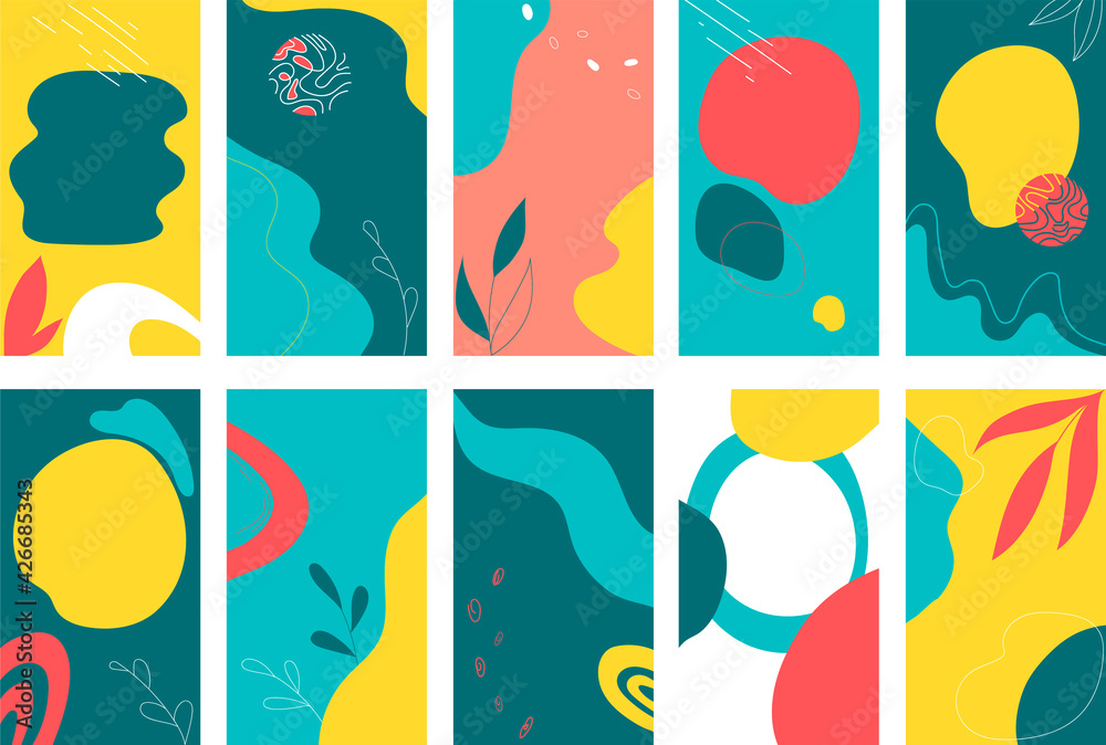 Social Media TEMPLATES of abstract shapes and botanical flower  in  multicolors. Modern shapes and hand drawn line, flower, leaves. 