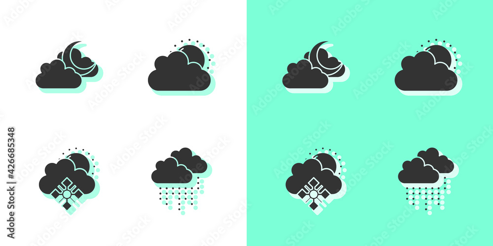 Set Cloud with rain, moon, snow and sun and Sun cloud weather icon. Vector