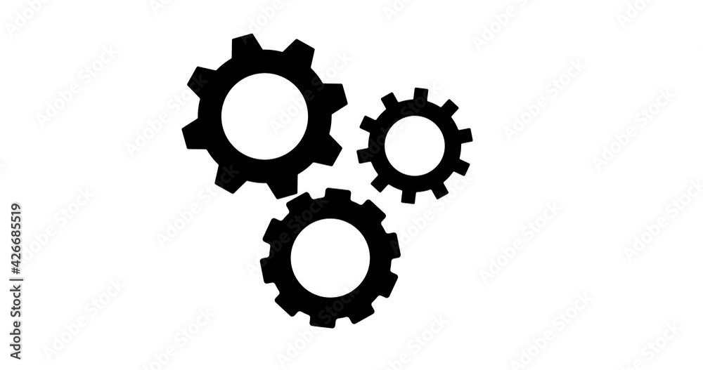 Gear set. Black gear wheel icons on white background. Alpha Luma Matte included. 4k video