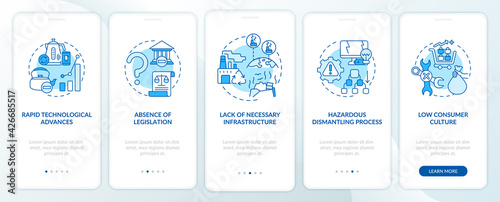 E-trash management problems onboarding mobile app page screen with concepts. Technological advance walkthrough 5 steps graphic instructions. UI, UX, GUI vector template with linear color illustrations
