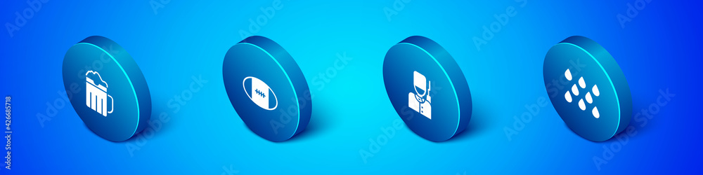Set Isometric Wooden beer mug, British soldier, Water drop and Rugby ball icon. Vector Set Isometric Wooden beer mug, British soldier, Water drop and Rugby ball icon. Vector