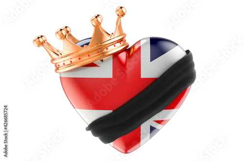Mourning in the United Kingdom concept. British heart with black ribbon and golden crown. 3D rendering
