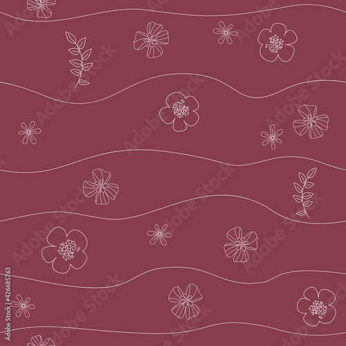 Cute brown pattern with line white flowers. Seamless background. Textiles for children. Minimalism paper scrapbook for kids. 