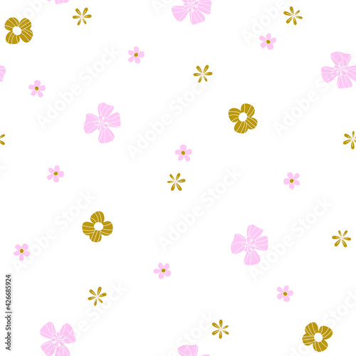 Cute white pastel pattern with pink yellow flowers. Textiles for children. Minimalism paper scrapbook for kids.