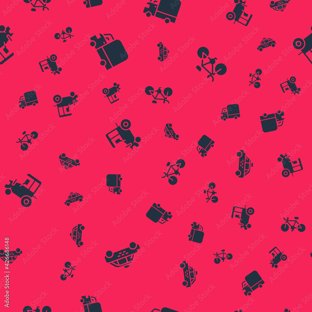 Set Taxi car, Delivery cargo truck, Tractor and Bicycle on seamless pattern. Vector Set Taxi car, Delivery cargo truck, Tractor and Bicycle on seamless pattern. Vector
