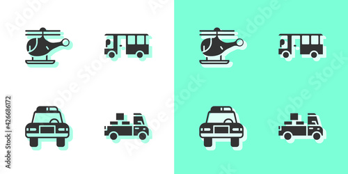 Set Delivery truck, Helicopter, Police car and flasher and Bus icon. Vector