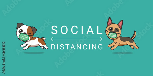 Covid-19 protection concept cartoon character bulldog and german shepherd dog wearing protective face mask social distancing for design.