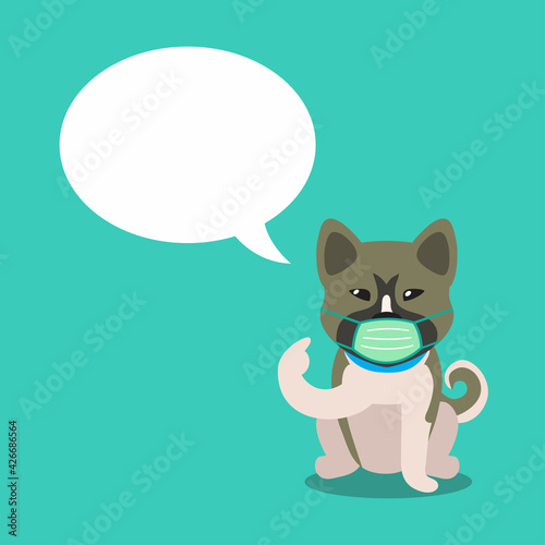 Cartoon character akita inu dog wearing protective face mask with speech bubble for design.