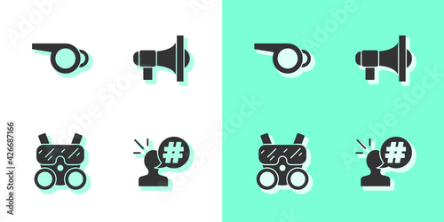 Set Protest, Whistle, Gas mask and Megaphone icon. Vector