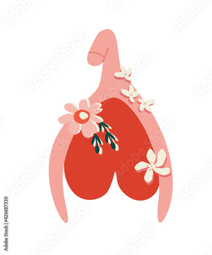 Vector illustration of the clitoris in pink and red color, with flowers. Struggle for women's rights and equality. Sex education. Hand-drawn illustration in flat style.
