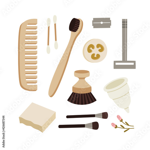 Set of zero waste cosmetics reusable products: menstrual cup, razor, comb, toothbrush, soap, ear sticks, jar, brush, and a washcloth. Hand-drawn flat vector illustration isolated on white background.