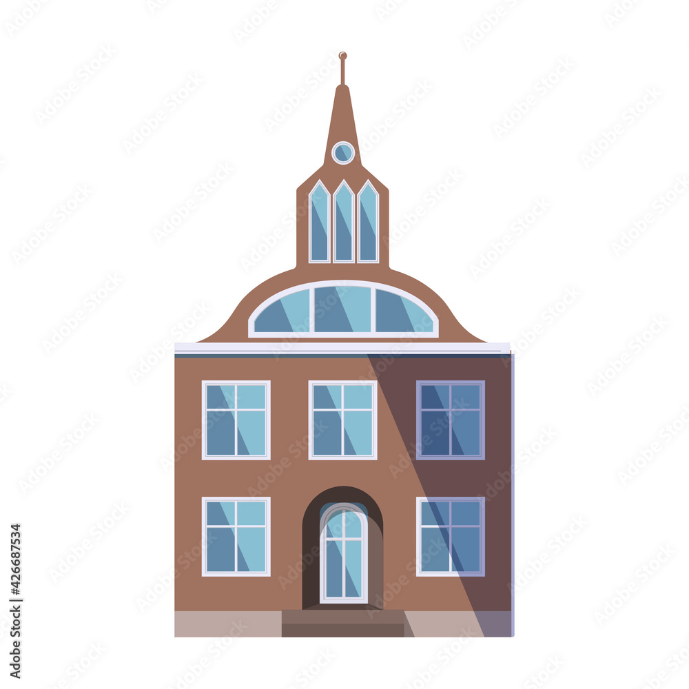European brown old house in the traditional Dutch town style with a double gable roof, turret, narrow windows and front door. Vector illustration in the flat style isolated on a white background.