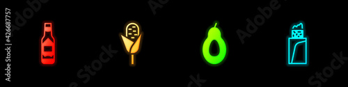 Set Tabasco sauce, Corn, Avocado and Burrito icon. Vector