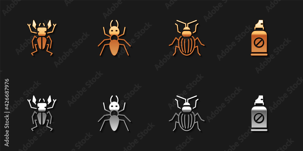 Set Beetle deer, Ant, Chafer beetle and Spray against insects icon. Vector Set Beetle deer, Ant, Chafer beetle and Spray against insects icon. Vector