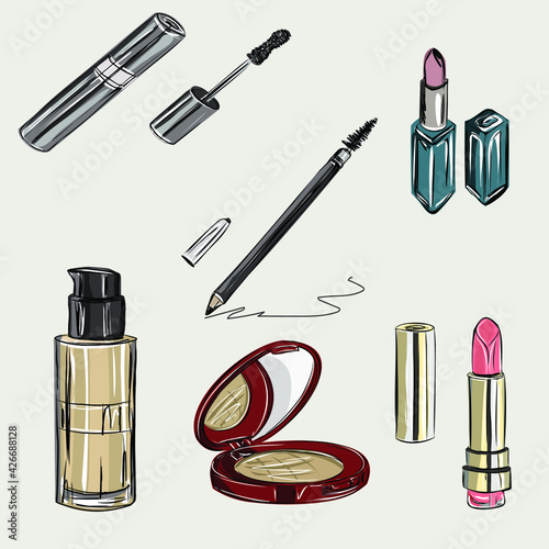Decorative cosmetics and makeup brushes on a white background, top view. Makeup kit. Care and decorative cosmetics store, advertisement, banner. Vector isolated objects