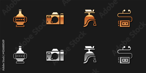 Set Ancient amphorae, Photo camera, Roman army helmet and Museum audio guide icon. Vector