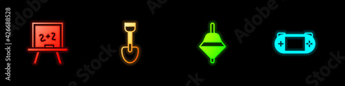 Set Chalkboard, Shovel toy, Whirligig and Portable video game console icon. Vector