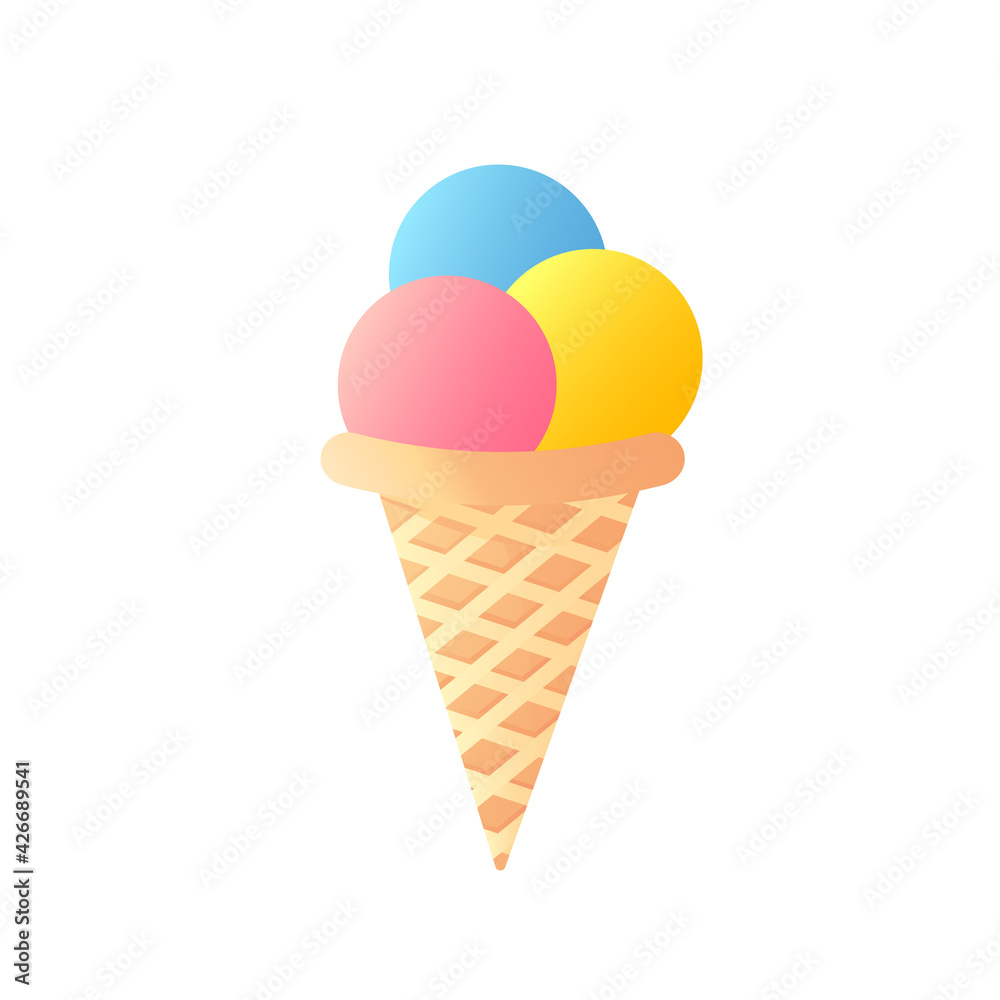 Three scoops of strawberry, pistachio and vanilla ice cream with sprinkles in waffle cone isolated on white background. Simple color ice cream icon. Logo street food. Vector illustration