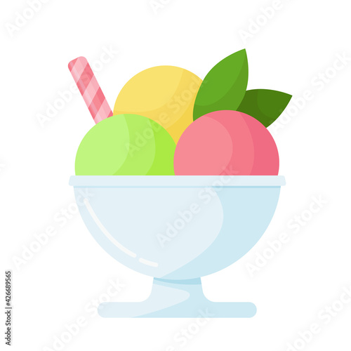 Three spoons of ice cream in bowl, decorated with mint leaves and sweet straw, isolated on white background. Strawberry, pistachio, vanilla ice cream. Simple color icon. Flat vector illustration 