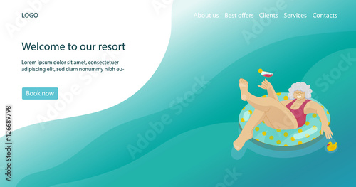 A vector website banner for a vacation spa resort. Illustration of an elderly lady in a swim ring in a swimming pool drinking cocktail and enjoying her leisure time. Happy senior woman in a swimsuit.
