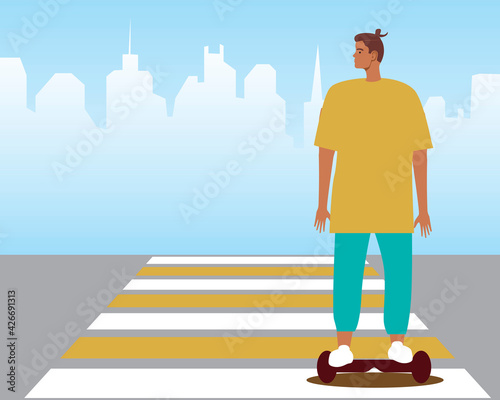 Man on a hoverboard, copy space template, flat vector stock illustration with Urban electronic hoverboard as Urban modern transport